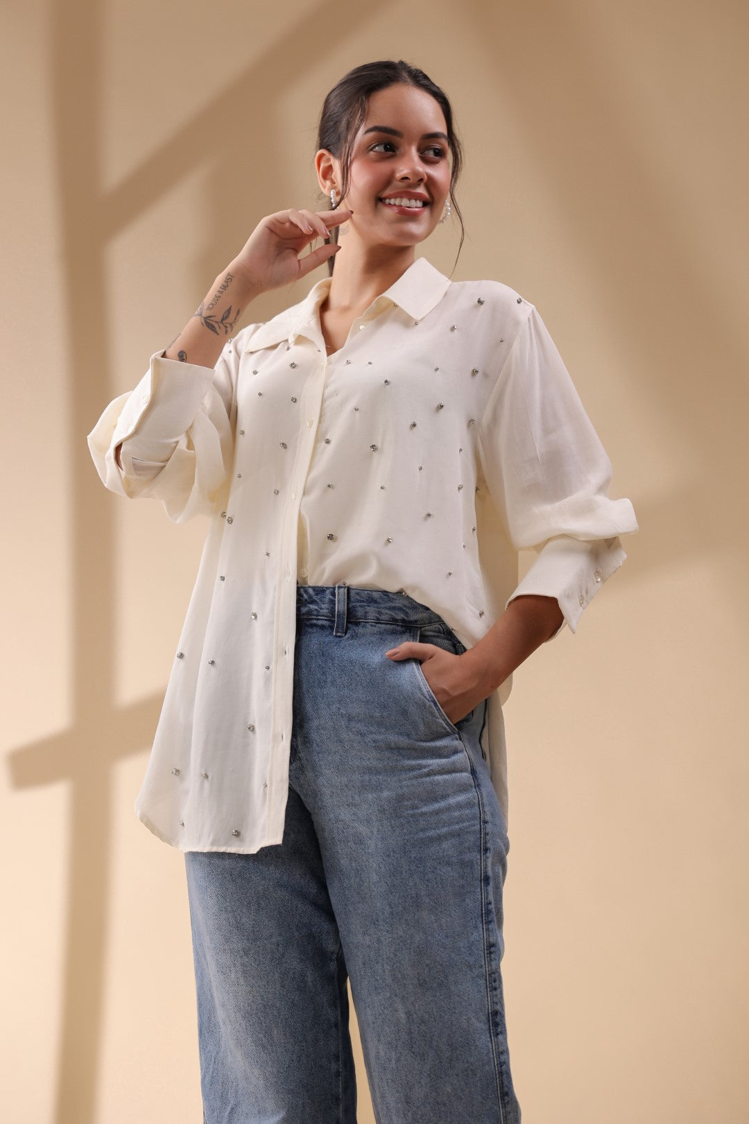Women White Viscose 60's Modal Shirt with Beads Work