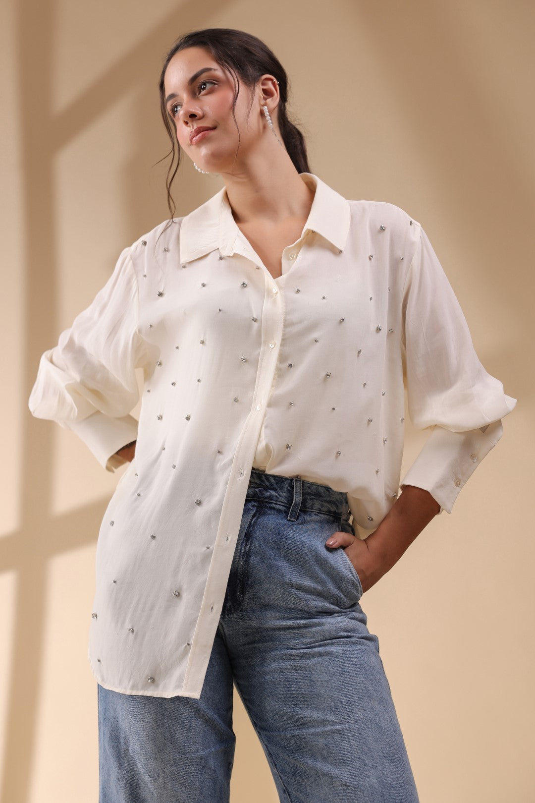 Women White Viscose 60's Modal Shirt with Beads Work