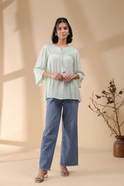 Women Rayon Crepe Green Mirror Work Embroidered Peplum Top