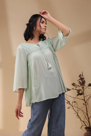 Women Rayon Crepe Green Mirror Work Embroidered Peplum Top
