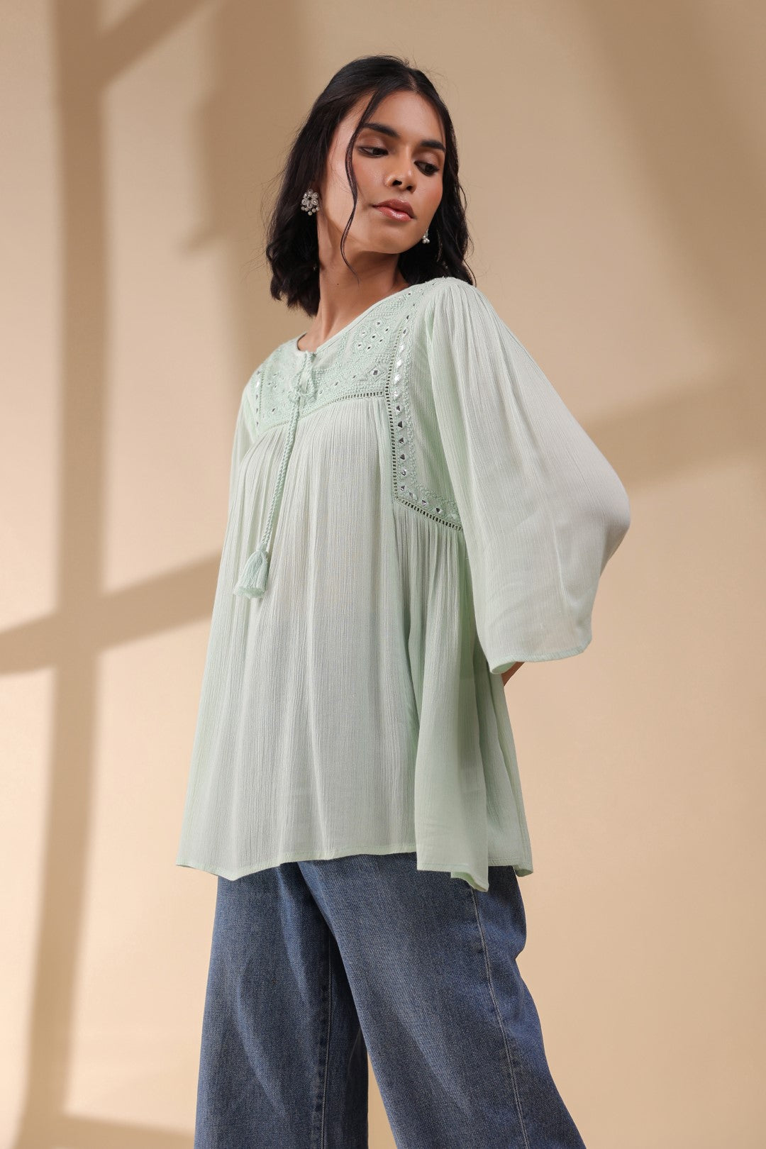 Women Rayon Crepe Green Mirror Work Embroidered Peplum Top