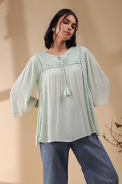 Women Rayon Crepe Green Mirror Work Embroidered Peplum Top