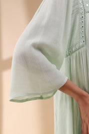 Women Rayon Crepe Green Mirror Work Embroidered Peplum Top