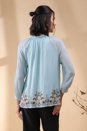 Women Sky Blue Georgette Rayon Crepe Embroidered Top
