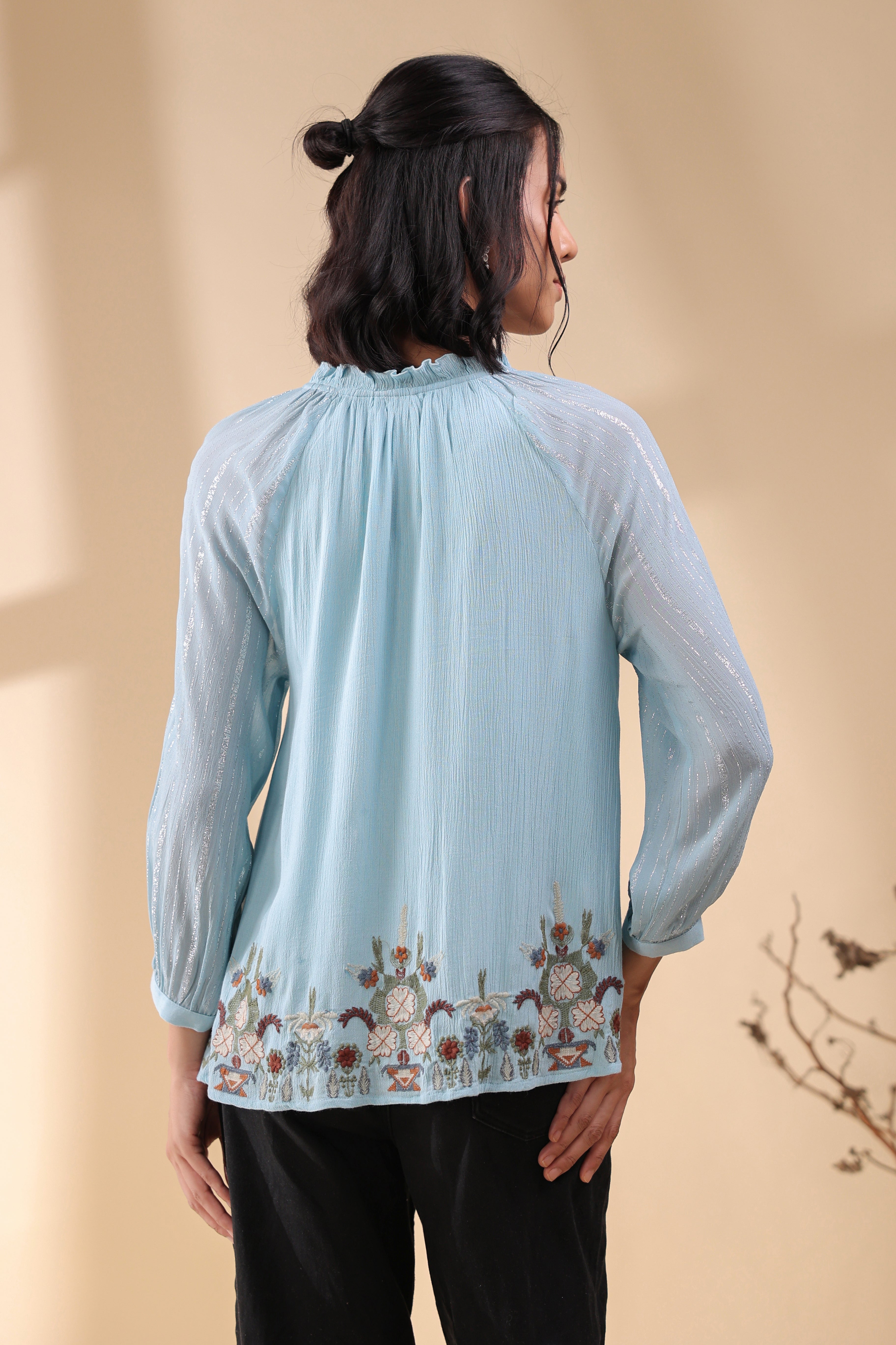 Women Sky Blue Georgette Rayon Crepe Embroidered Top