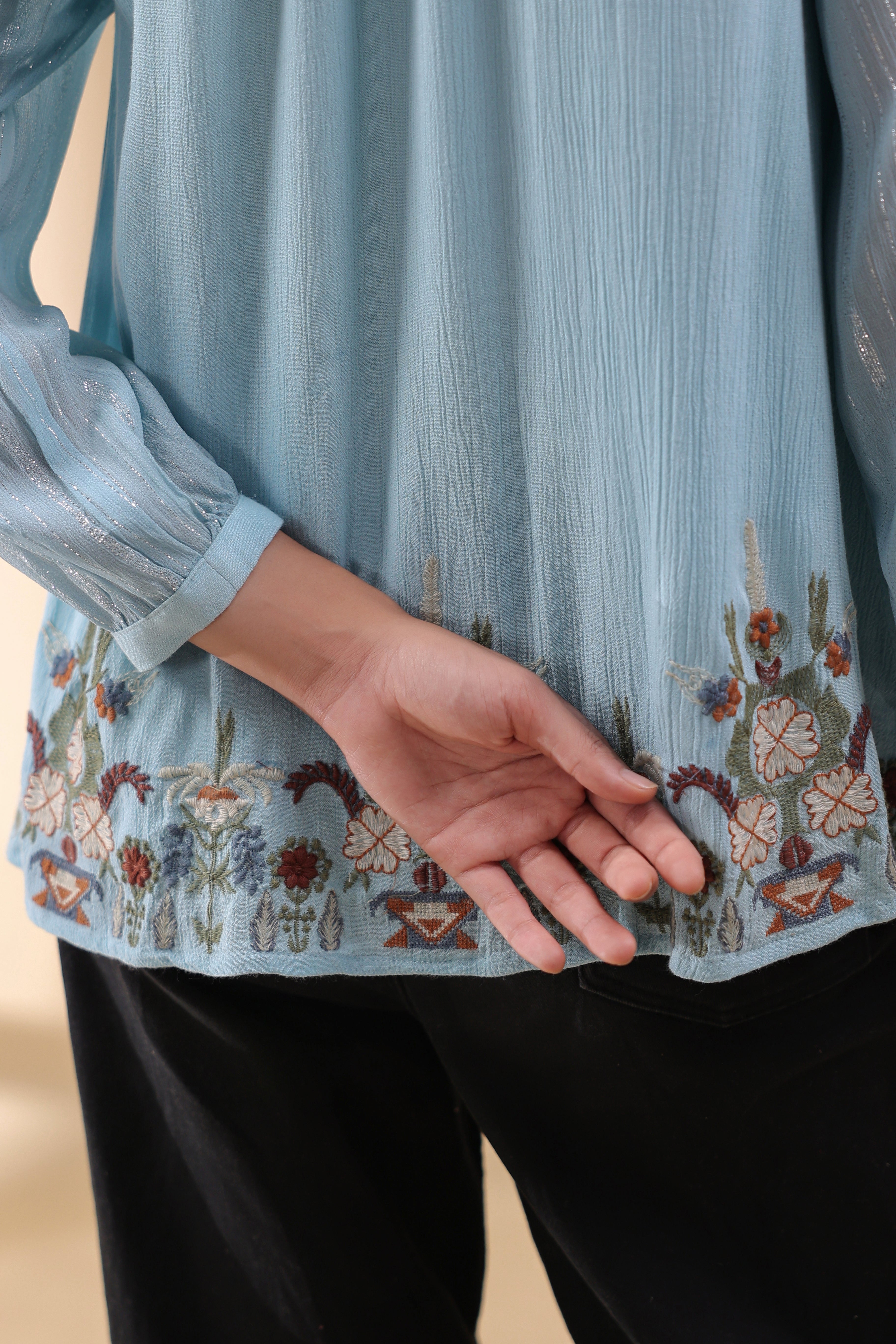 Women Sky Blue Georgette Rayon Crepe Embroidered Top