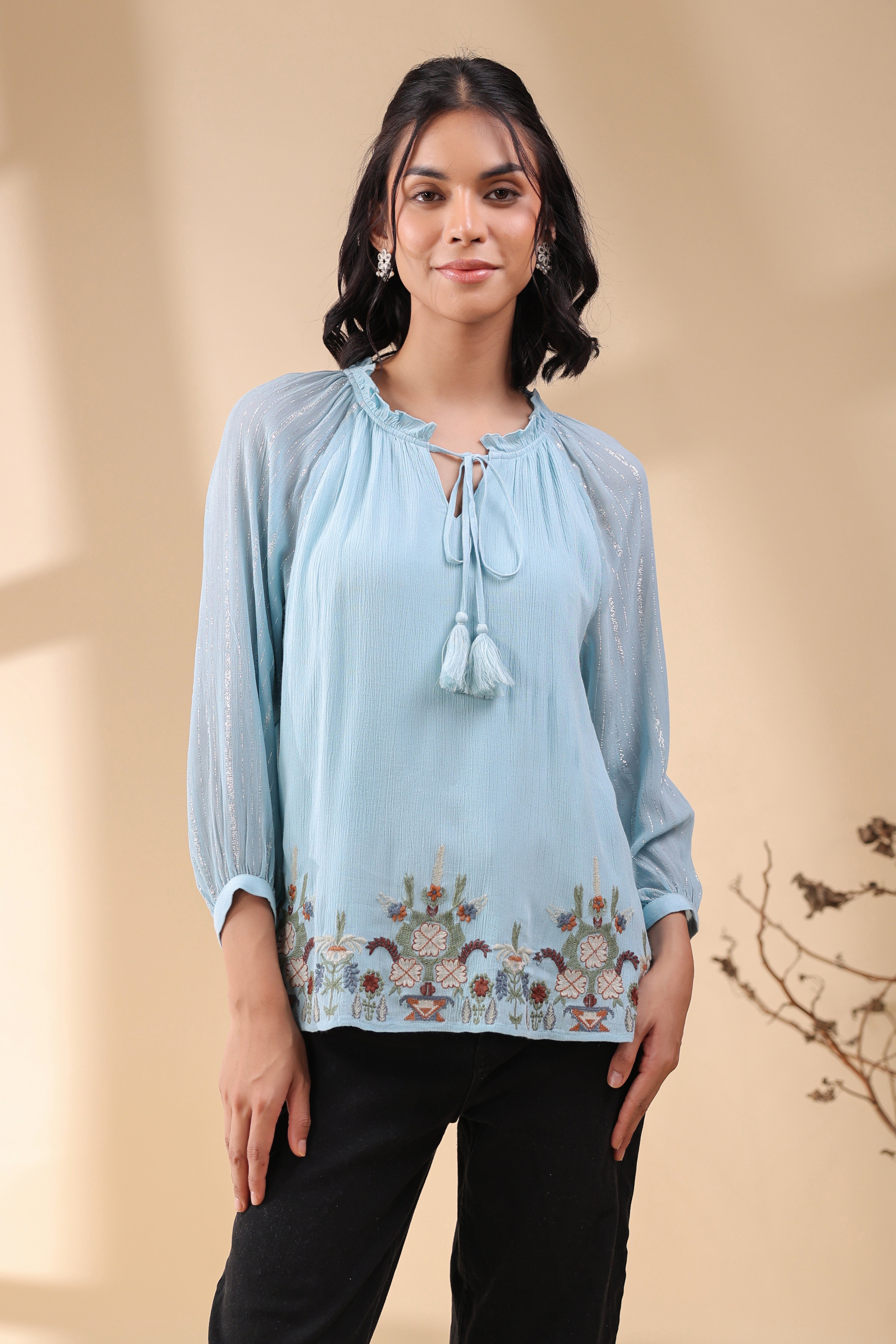 Women Sky Blue Georgette Rayon Crepe Embroidered Top