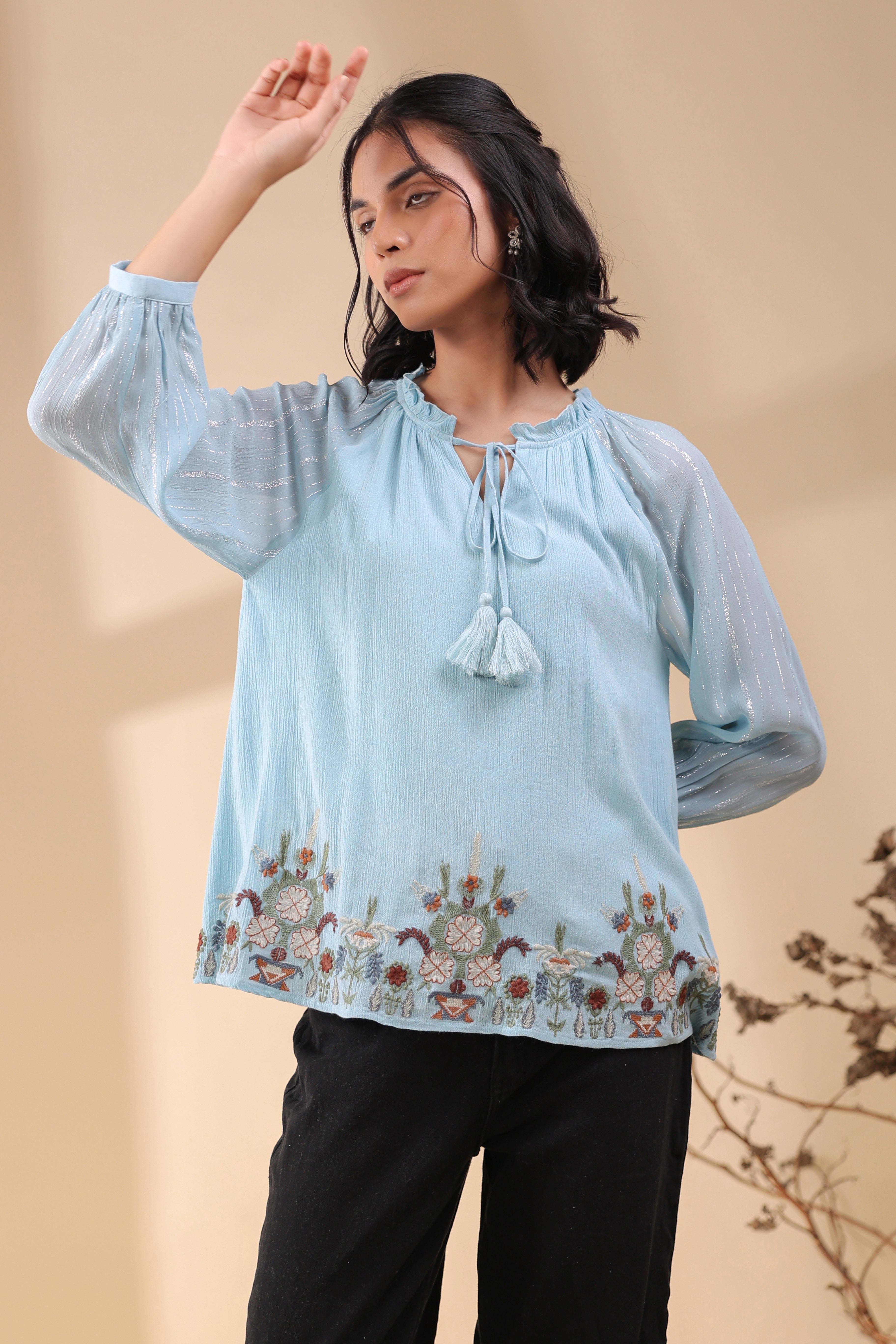 Women Sky Blue Georgette Rayon Crepe Embroidered Top