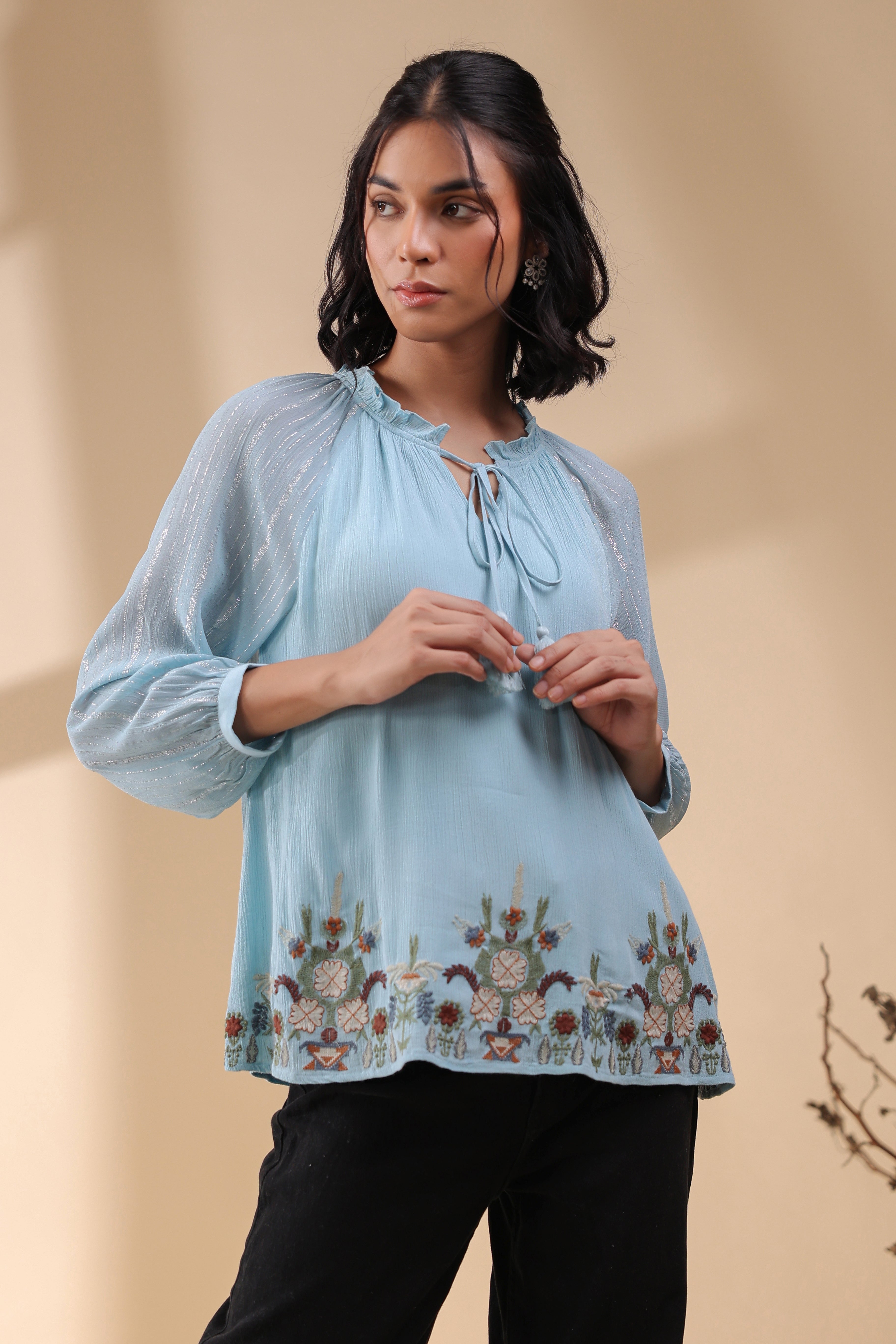 Women Sky Blue Georgette Rayon Crepe Embroidered Top