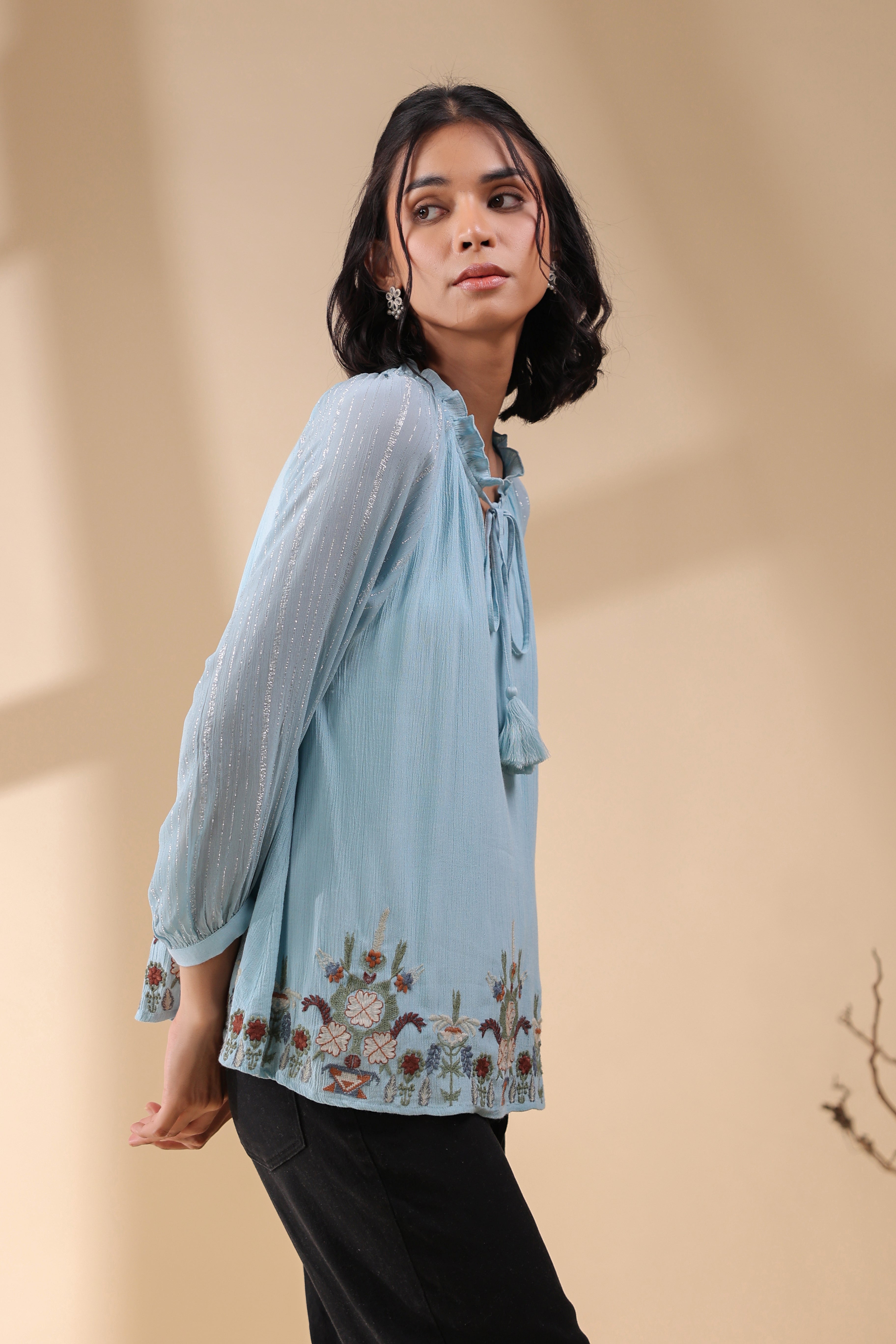 Women Sky Blue Georgette Rayon Crepe Embroidered Top