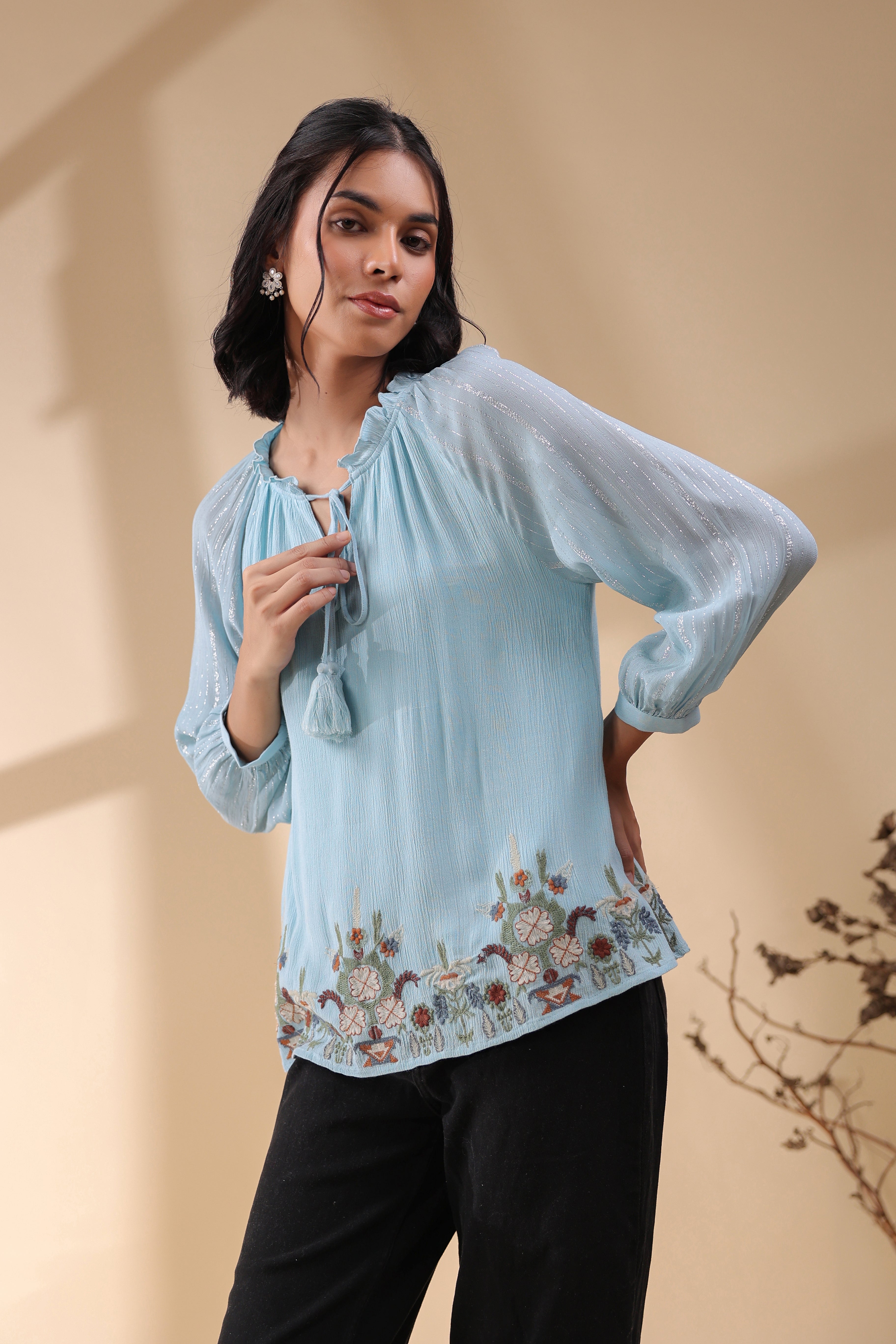 Women Sky Blue Georgette Rayon Crepe Embroidered Top