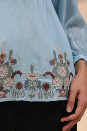 Women Sky Blue Georgette Rayon Crepe Embroidered Top