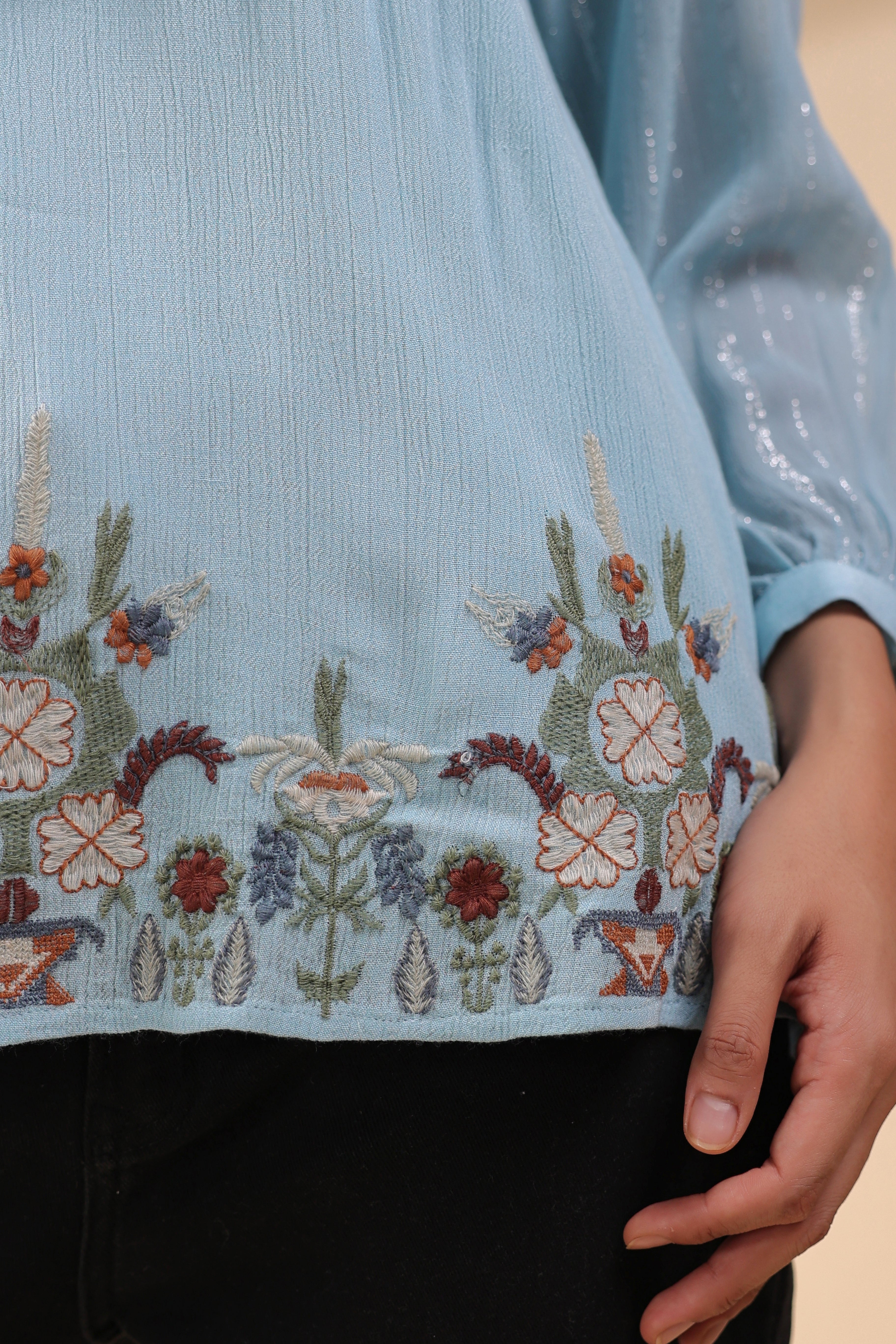Women Sky Blue Georgette Rayon Crepe Embroidered Top