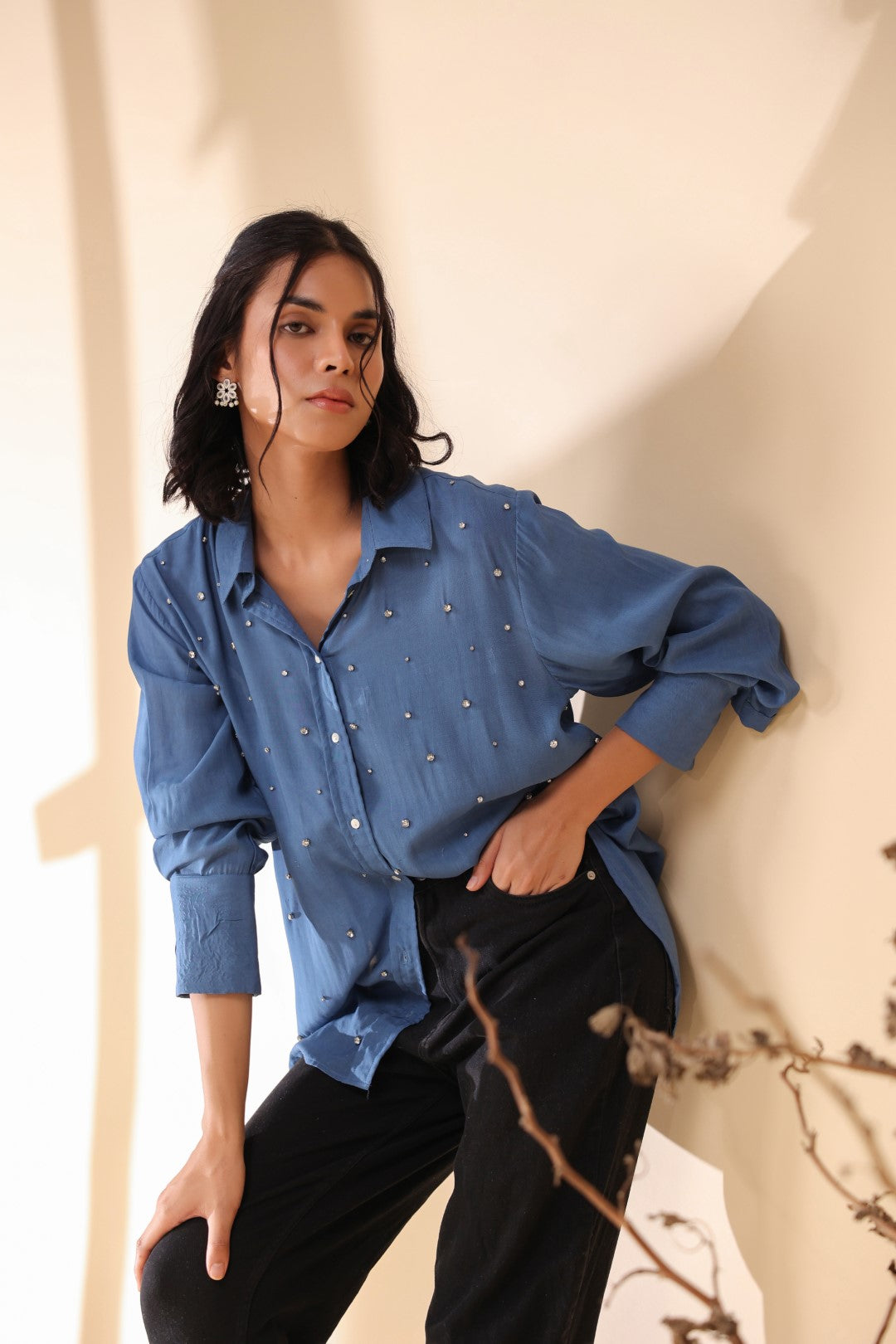 Women Royal Blue Viscose 60's Modal Shirt with Beads Work