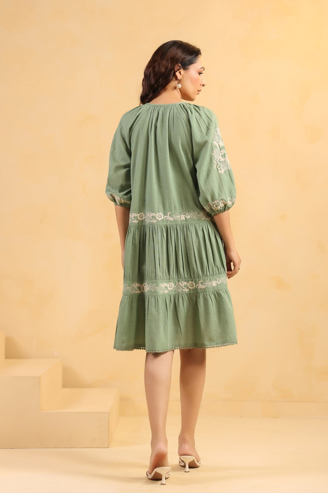 Nyaro Signature Sage Green Cotton Flex Embroidered Dress