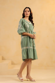Nyaro Signature Sage Green Cotton Flex Embroidered Dress