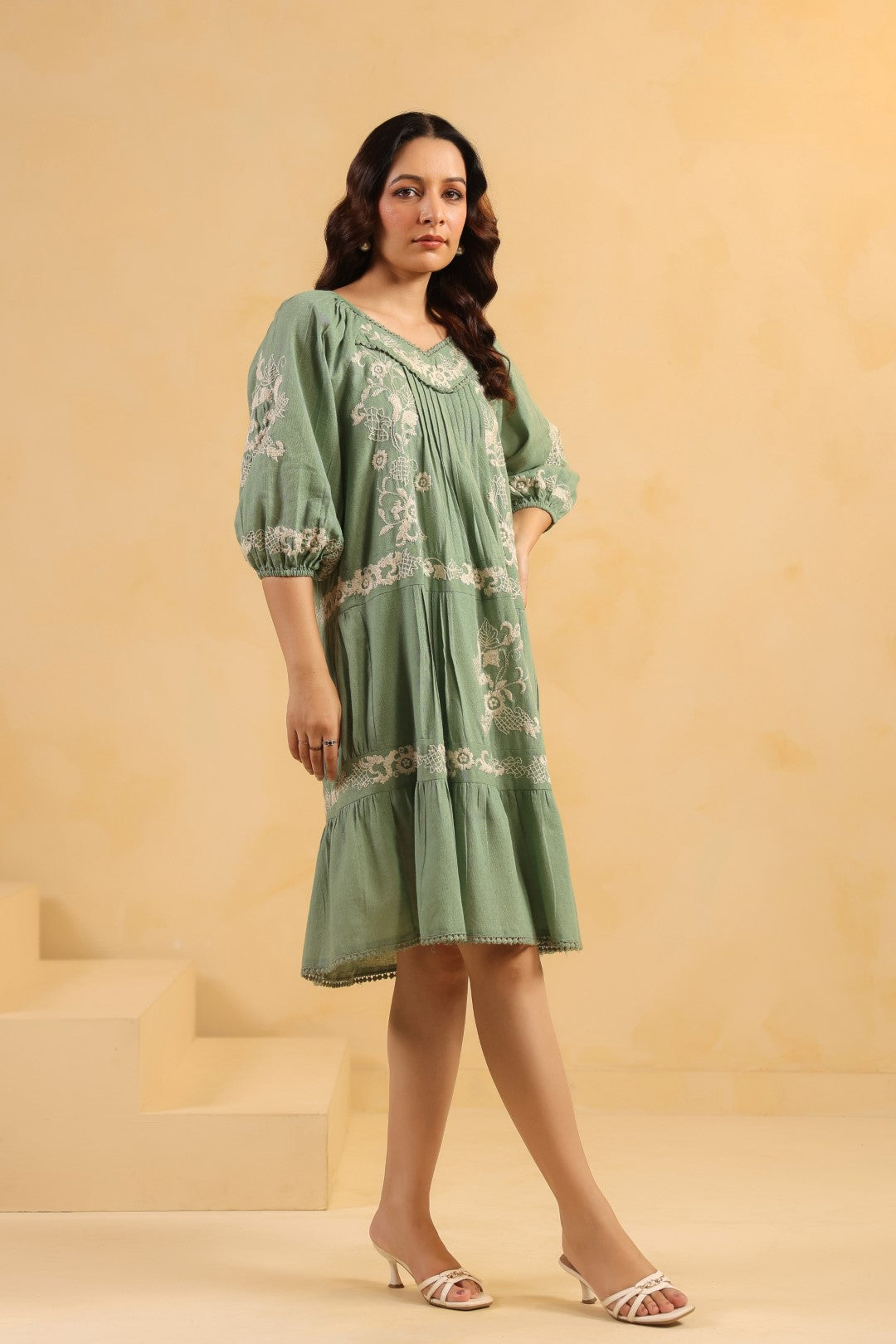 Nyaro Signature Sage Green Cotton Flex Embroidered Dress