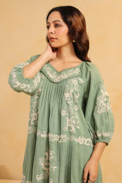 Nyaro Signature Sage Green Cotton Flex Embroidered Dress