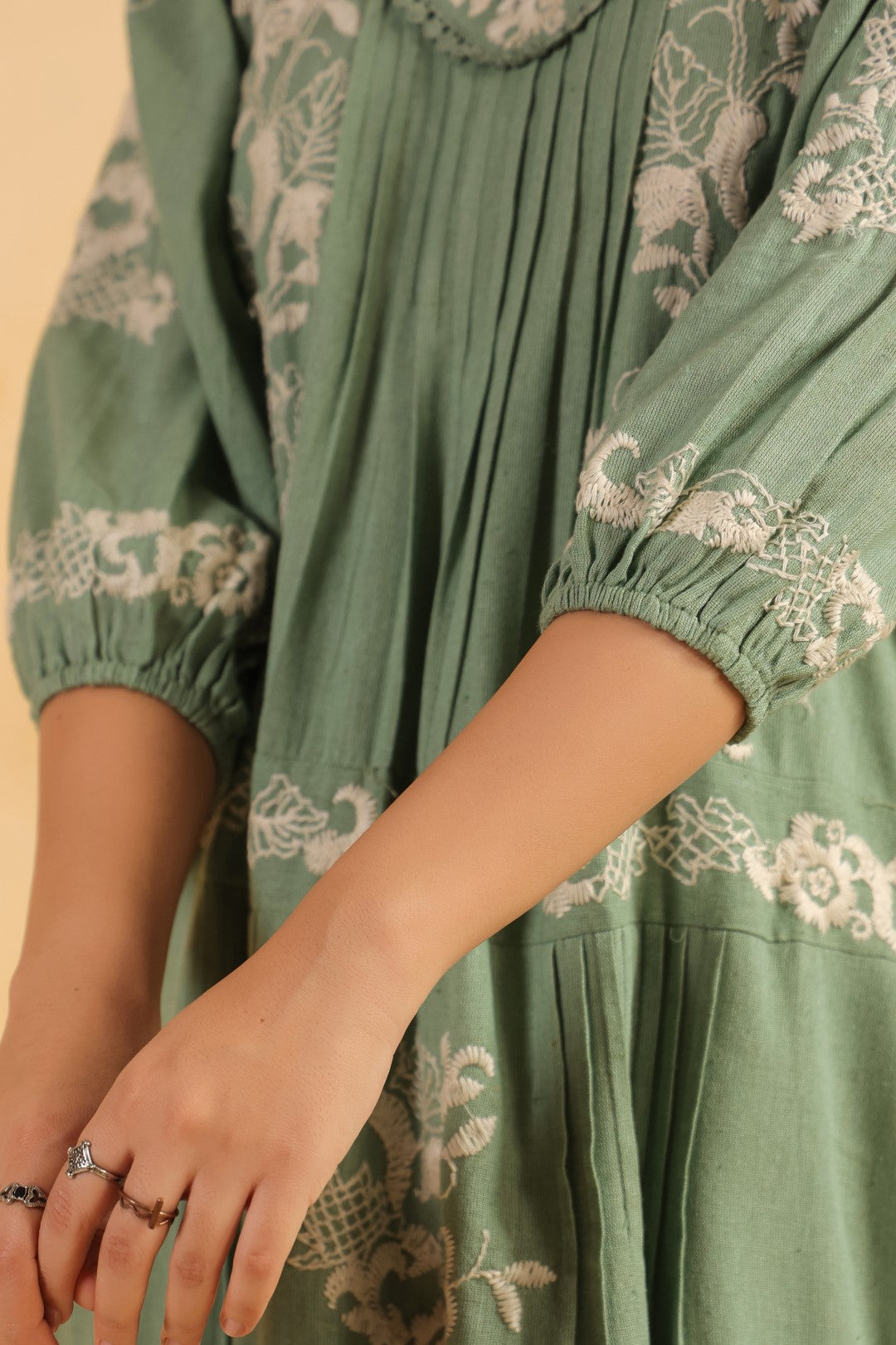 Nyaro Signature Sage Green Cotton Flex Embroidered Dress
