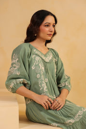 Nyaro Signature Sage Green Cotton Flex Embroidered Dress