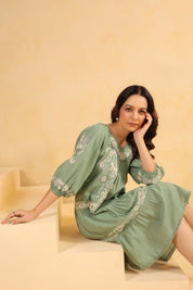 Nyaro Signature Sage Green Cotton Flex Embroidered Dress