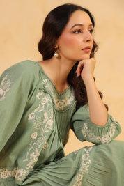 Nyaro Signature Sage Green Cotton Flex Embroidered Dress