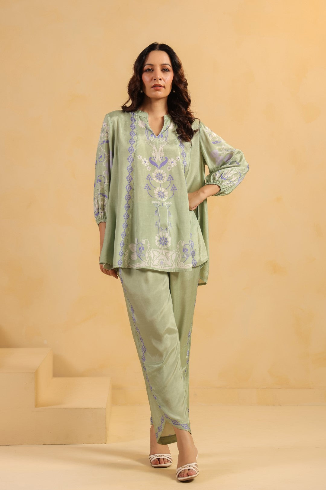 Nyaro Signature Sage Green Printed Co-ord Set in Viscose Santoon