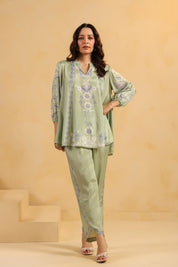 Nyaro Signature Sage Green Printed Co-ord Set in Viscose Santoon