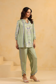 Nyaro Signature Sage Green Printed Co-ord Set in Viscose Santoon