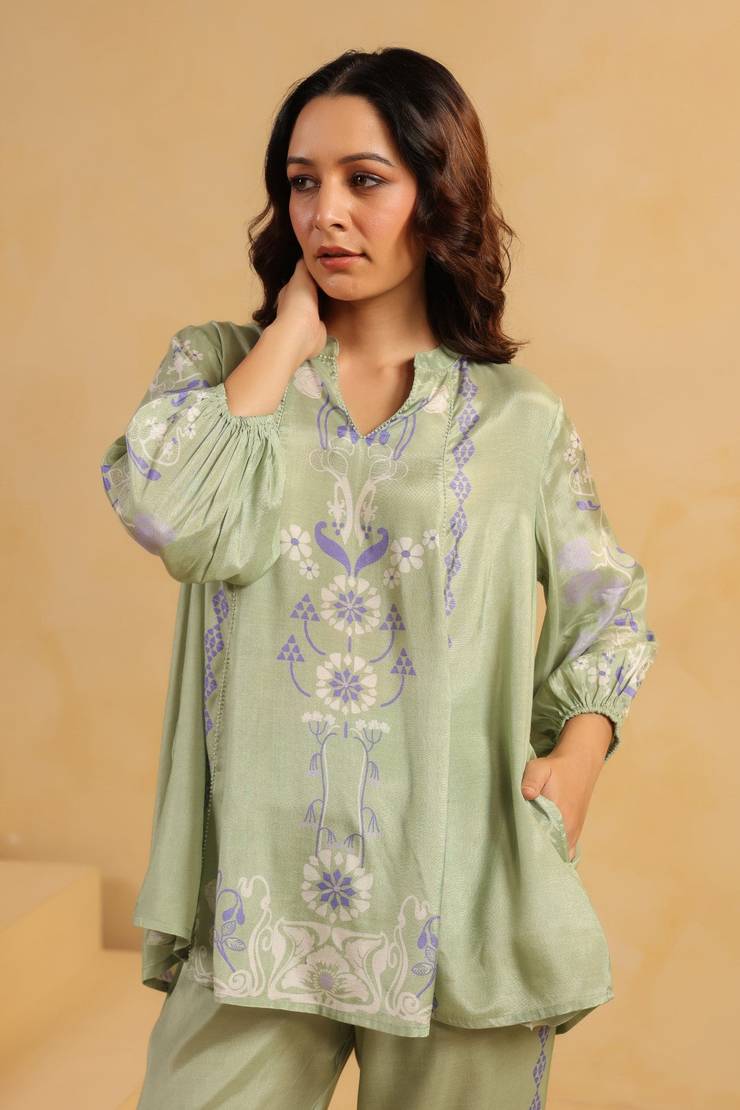 Nyaro Signature Sage Green Printed Co-ord Set in Viscose Santoon