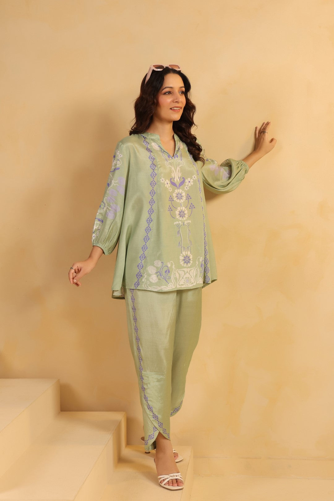 Nyaro Signature Sage Green Printed Co-ord Set in Viscose Santoon
