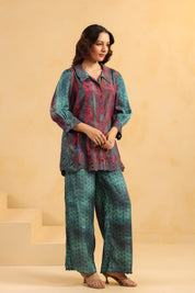 Nyaro Signature Teal Wine Printed Co-ord Set in Viscose Santoon