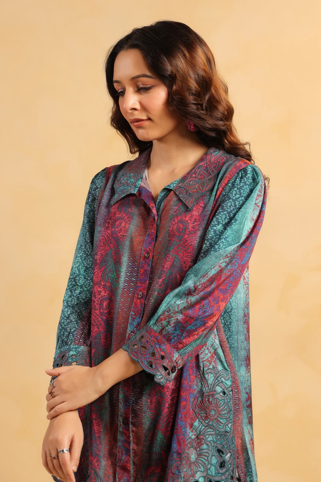 Nyaro Signature Teal Wine Printed Co-ord Set in Viscose Santoon