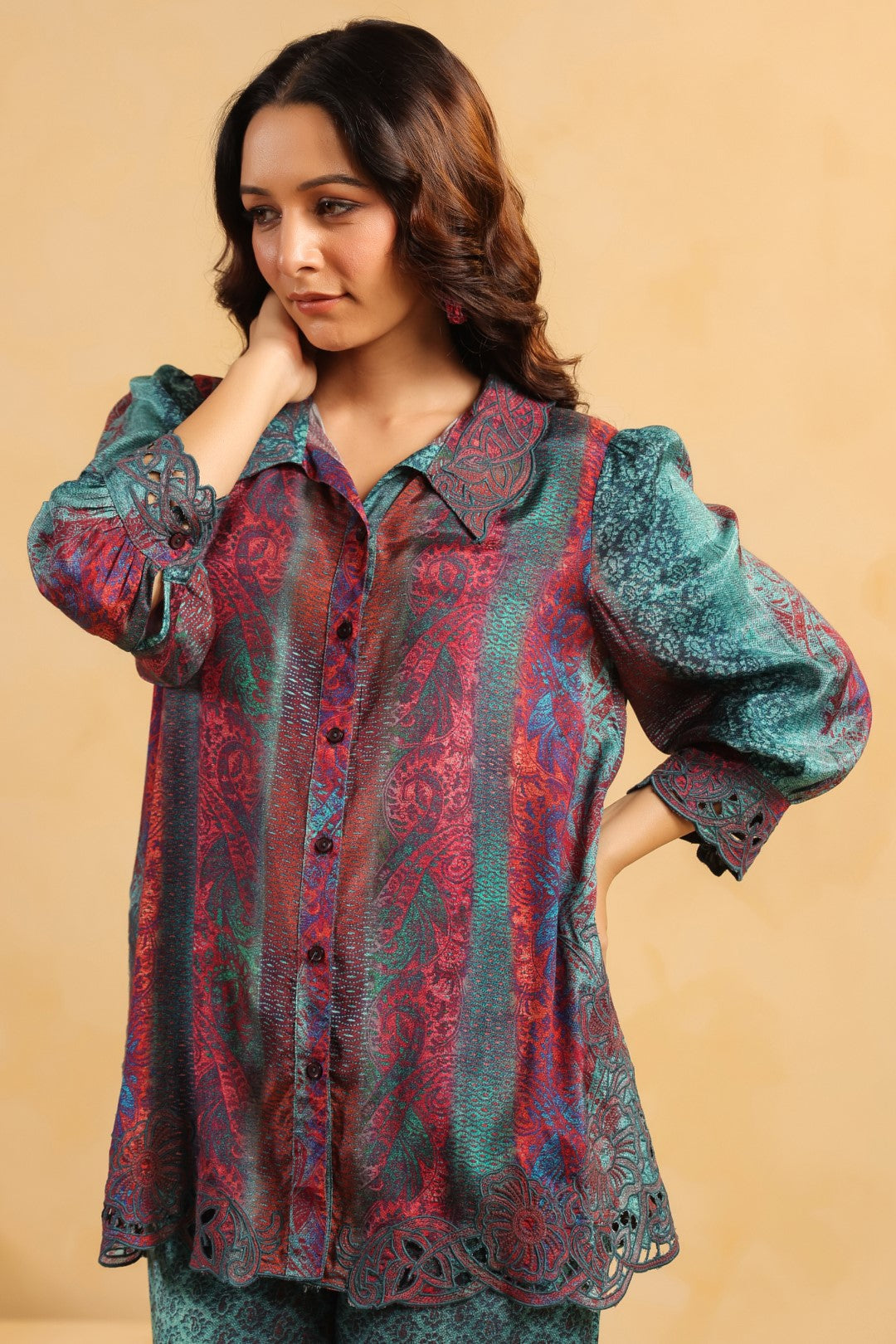 Nyaro Signature Teal Wine Printed Co-ord Set in Viscose Santoon