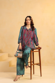 Nyaro Signature Teal Wine Printed Co-ord Set in Viscose Santoon