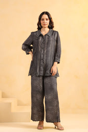 Nyaro Signature Charcoal Black Printed Co-ord Set in Viscose Santoon
