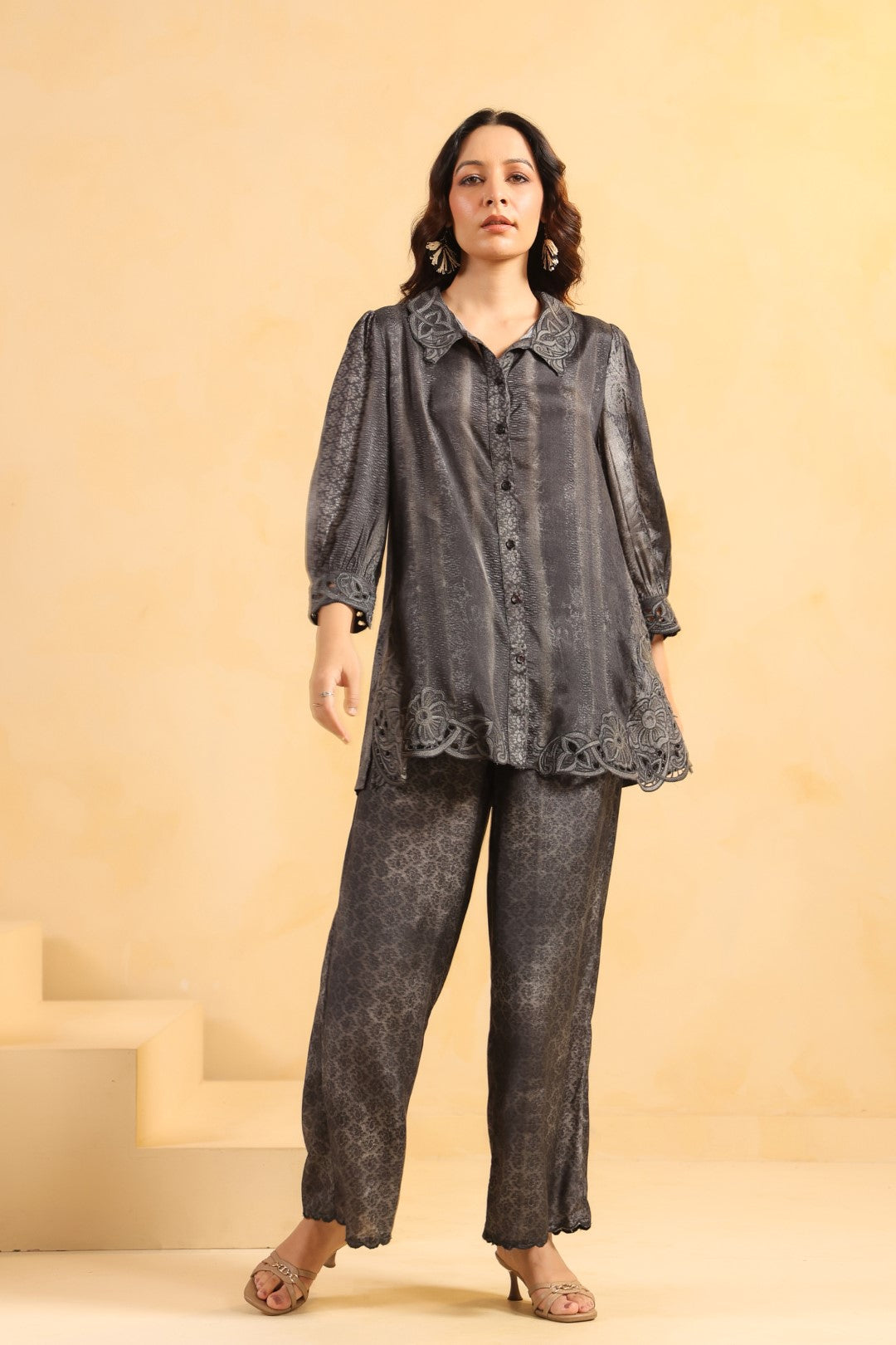 Nyaro Signature Charcoal Black Printed Co-ord Set in Viscose Santoon