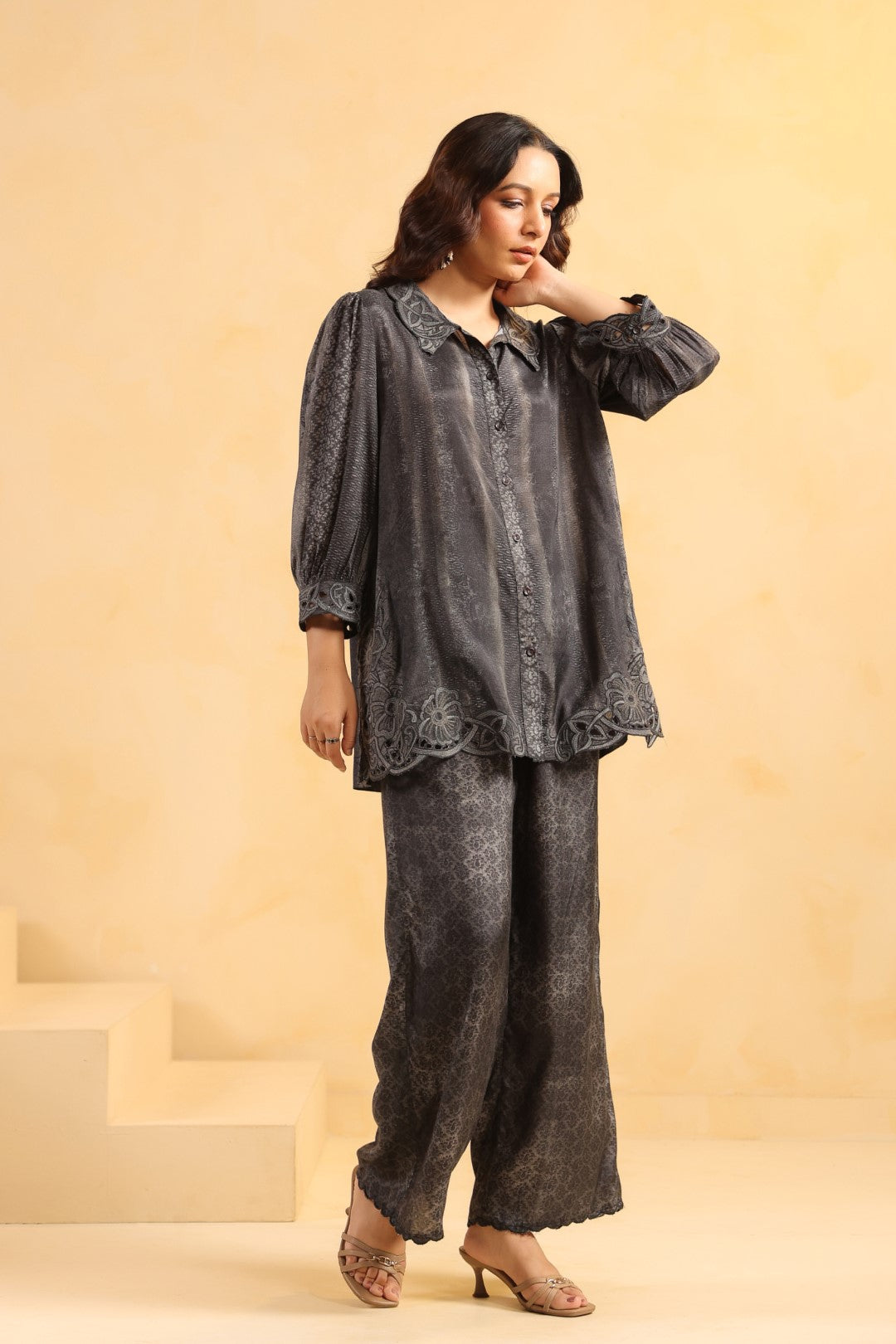 Nyaro Signature Charcoal Black Printed Co-ord Set in Viscose Santoon