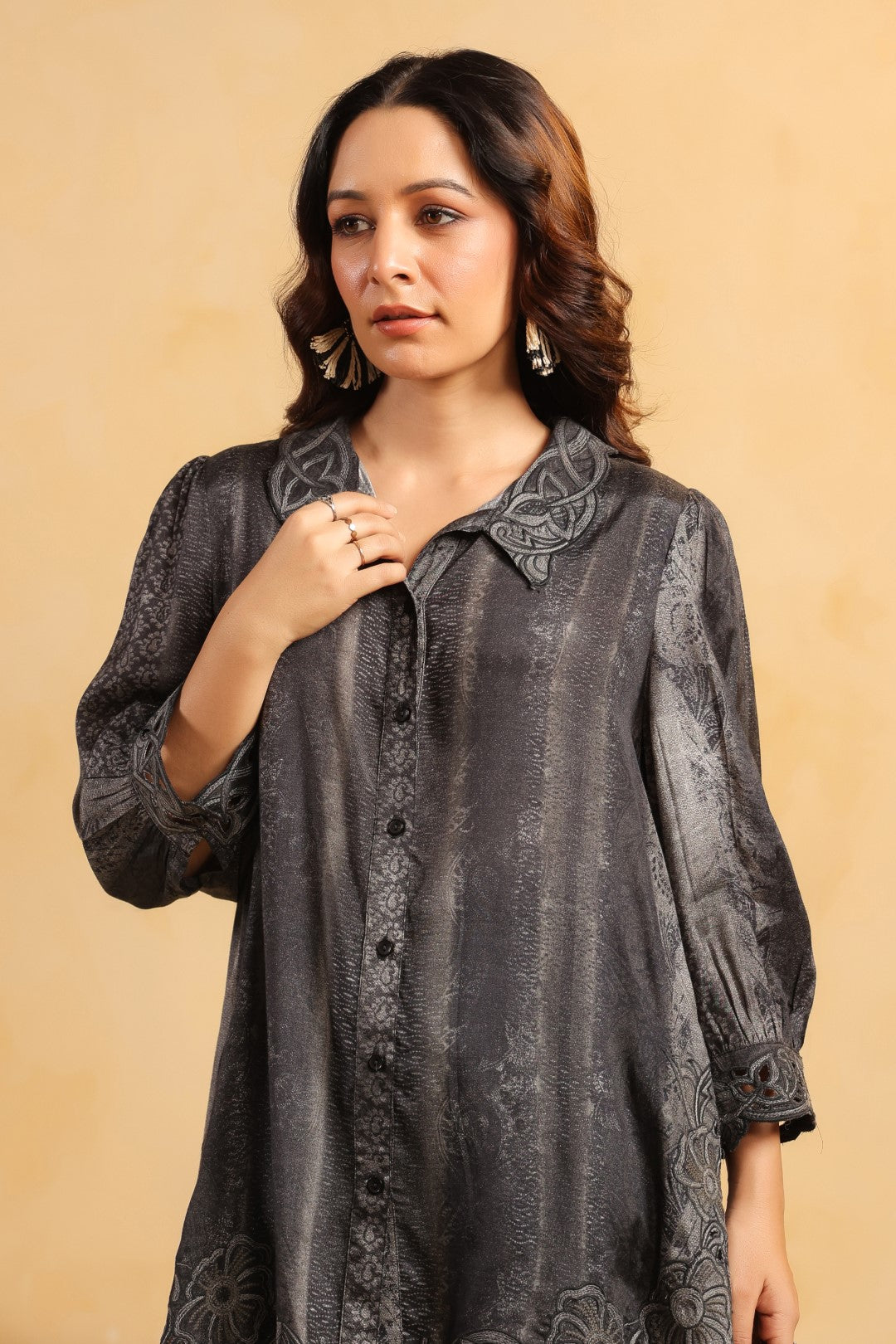 Nyaro Signature Charcoal Black Printed Co-ord Set in Viscose Santoon