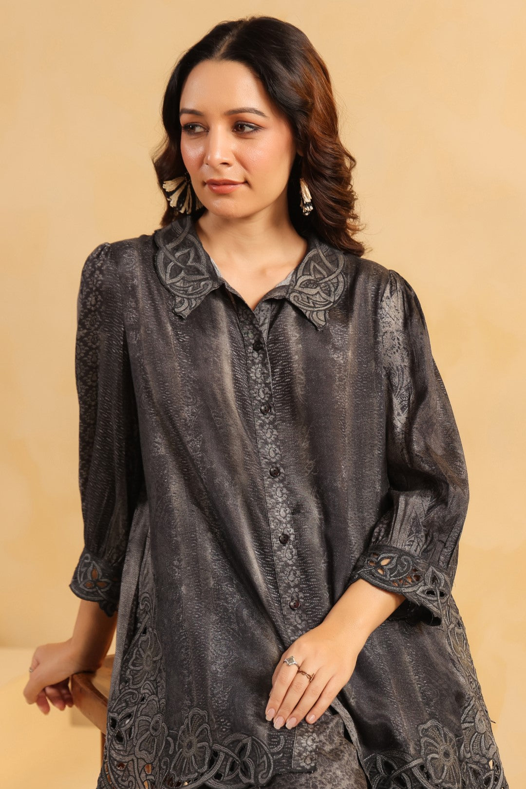 Nyaro Signature Charcoal Black Printed Co-ord Set in Viscose Santoon