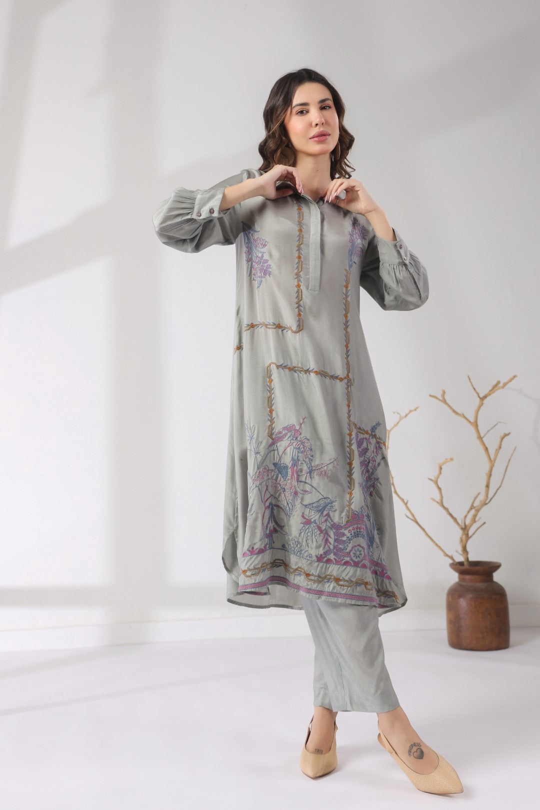 Women’s Viscose Shantoon Grey Color Embroidered Co-Ord Set