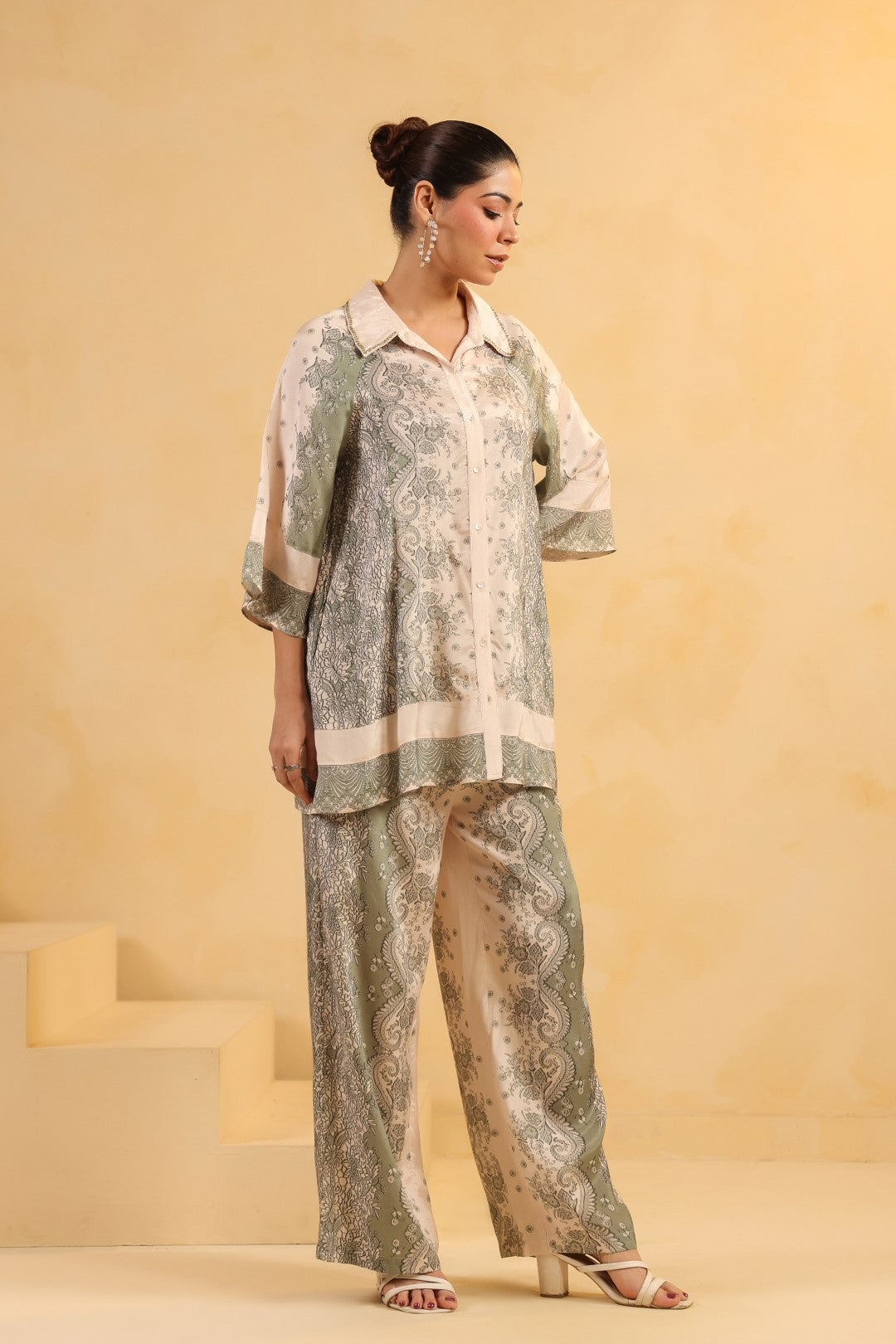 Nyaro Signature Ivory Green Printed Co-ord Set in Viscose Santoon