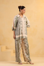Nyaro Signature Ivory Green Printed Co-ord Set in Viscose Santoon