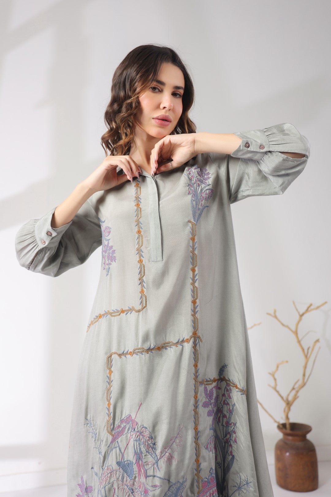 Women’s Viscose Shantoon Grey Color Embroidered Co-Ord Set