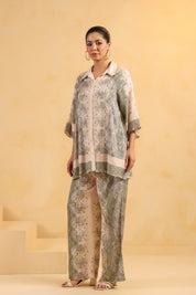 Nyaro Signature Ivory Green Printed Co-ord Set in Viscose Santoon