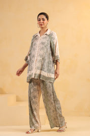 Nyaro Signature Ivory Green Printed Co-ord Set in Viscose Santoon