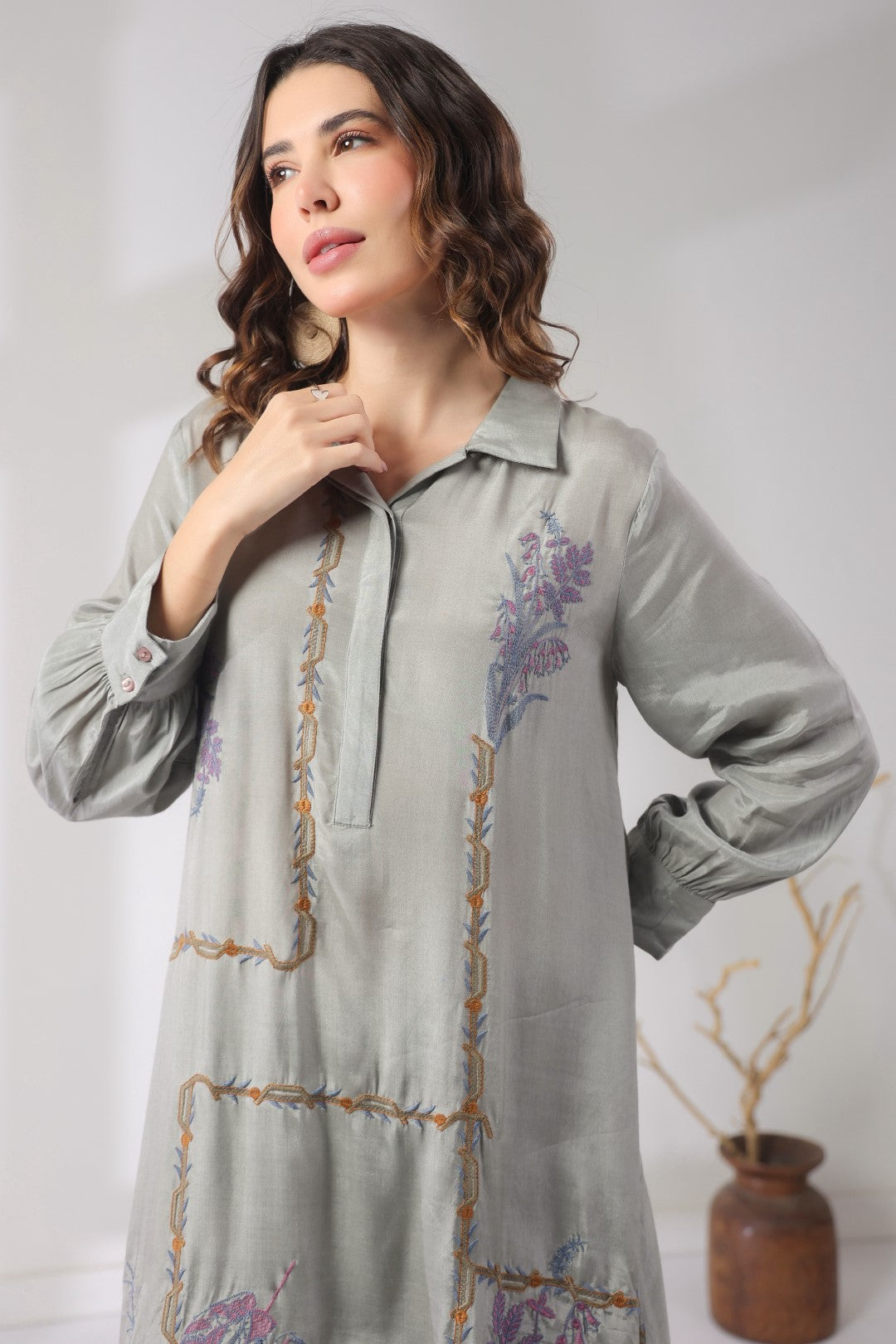 Women’s Viscose Shantoon Grey Color Embroidered Co-Ord Set