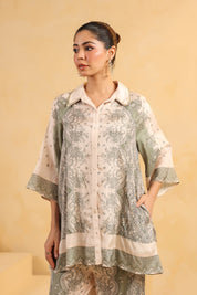 Nyaro Signature Ivory Green Printed Co-ord Set in Viscose Santoon