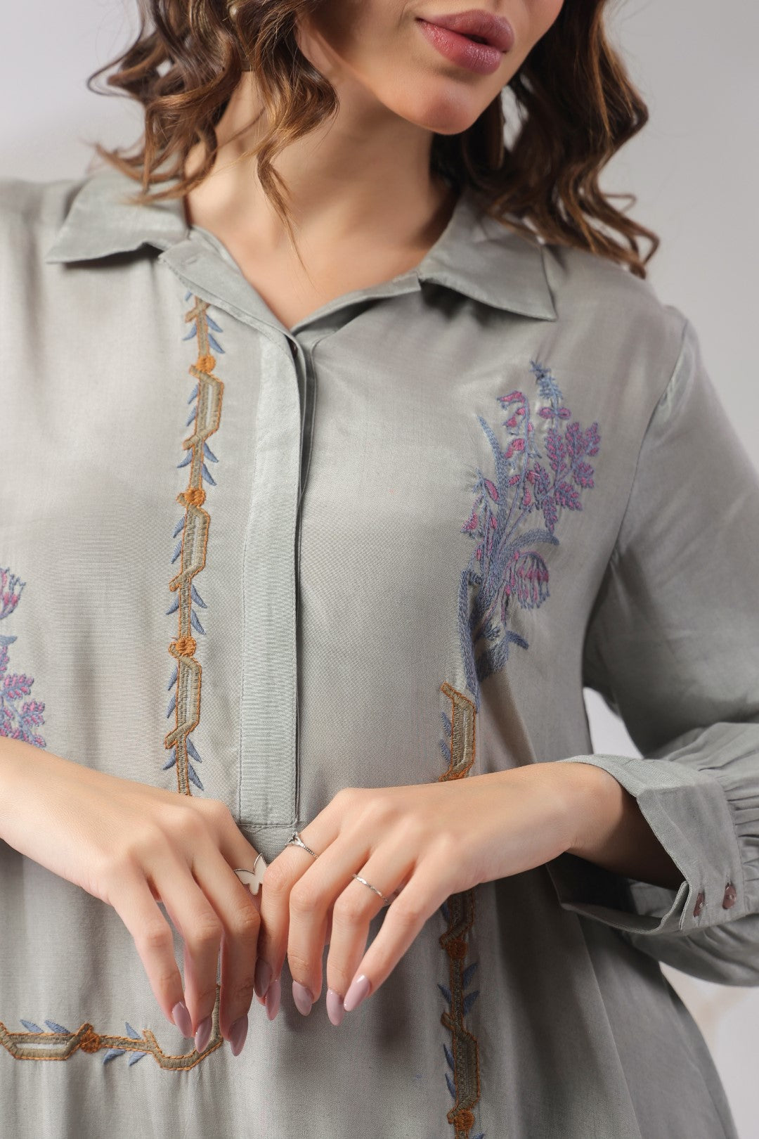 Women’s Viscose Shantoon Grey Color Embroidered Co-Ord Set
