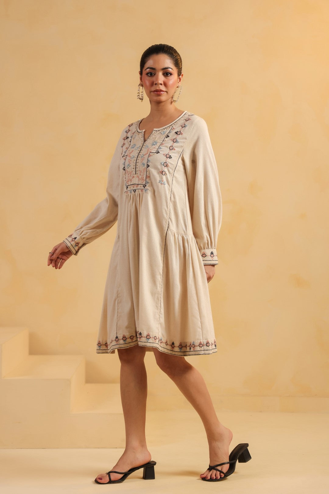 Nyaro Signature Cotton Flex Embroidered Short Dress – Beige